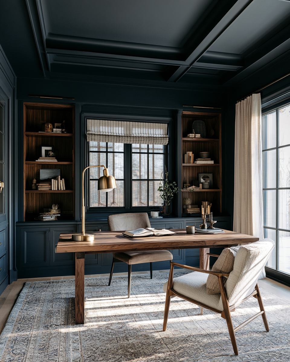 Moody home office with charcoal blue walls and ceiling, warm brass desk lamp, and built-in walnut shelving