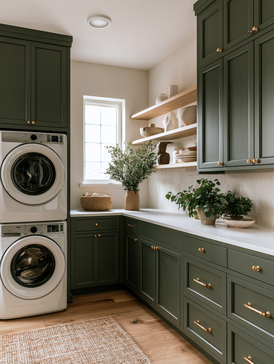 Forest green painted laundry room cabinets with brass knurled hardware and white quartz countertop in an organic modern laundry room